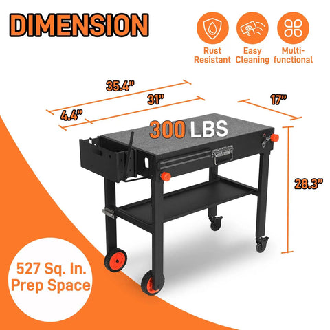 Portable Griddle Table Cart For 17 Inch And 22 Inch Griddles Foldable Outdoor Stand With Caddy Wheels and Dual Shelves