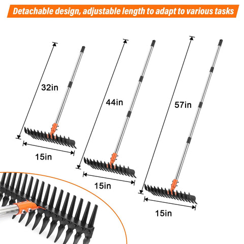 Heavy Duty Metal Thatch Rake For Lawn Care 15 Inch Wide Dethatcher With Sturdy Handle shown in three adjustable lengths.