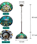 Sea Green Tiffany Style Pendant Light 12 Inch Wide Stained Glass Hanging Lamp for Kitchen Dining Room and Bar, Vintage Victorian Vibe