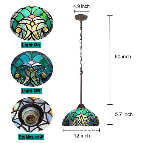 Sea Green Tiffany Style Pendant Light 12 Inch Wide Stained Glass Hanging Lamp for Kitchen Dining Room and Bar, Vintage Victorian Vibe