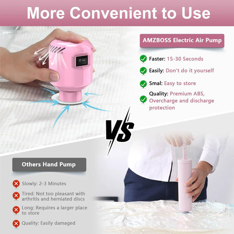 Pink handheld electric vacuum pump for storage bags with on/off switch (front view)