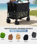 Heavy Duty Double Decker Wagon With 51 Inch Extender And 400L Large Capacity Collapsible Garden Cart For All Terrain Tough Jobs, 7 Inch Wheels With Brakes, Built Tough Foldable Utility Wagon For Shopping And Camping, Black, on beach with wheels shown