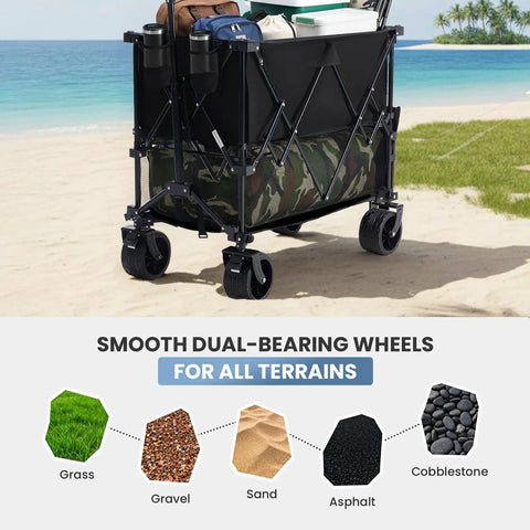 Heavy Duty Double Decker Wagon With 51 Inch Extender And 400L Large Capacity Collapsible Garden Cart For All Terrain Tough Jobs, 7 Inch Wheels With Brakes, Built Tough Foldable Utility Wagon For Shopping And Camping, Black, on beach with wheels shown