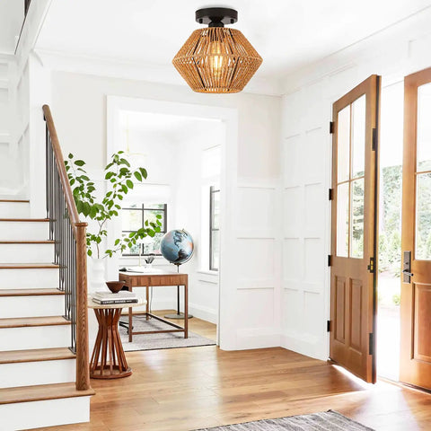 Boho Rattan Ceiling Light Fixture With Handwoven Cage Shade Coastal Semi Flush Mount in a bright foyer with wooden accents.