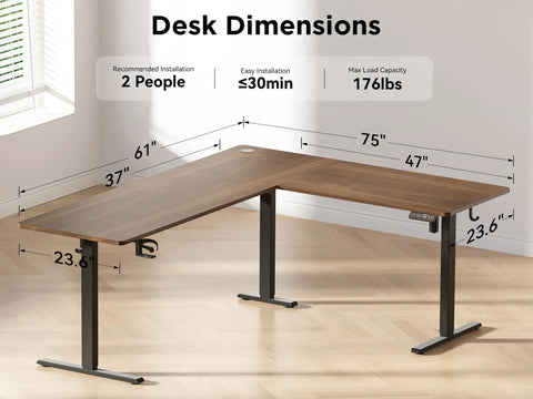Big Game Changing L Shaped Standing Desk With Cup Holder Electric Height Adjust Corner Computer Workstation Ergonomic Sit Stand Up Home Office Gaming Station Spacious Black Walnut Finish dimensions with measurement details.