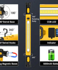 Magnetic LED Work Light Bar With 6000mAh Battery And 3000LM Brightness showing features like swivel base, hooks, and USB output.