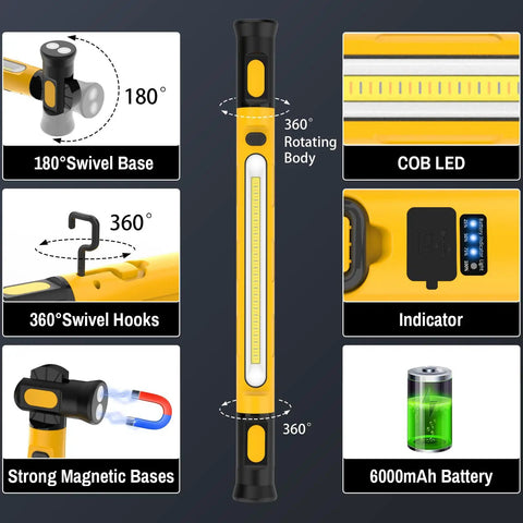 Magnetic LED Work Light Bar With 6000mAh Battery And 3000LM Brightness showing features like swivel base, hooks, and USB output.