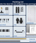 Packing list for Bifold Barn Door System 72x84 Inches White MDF Sliding Closet Doors with hardware components and manual