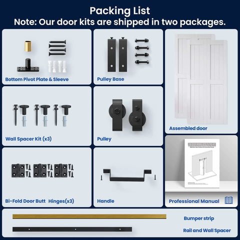 Bi-Fold Barn Door 64 By 84 Inches, MDF Sliding Closet Doors With Hardware Kit packaging contents shown including tracks and handles.