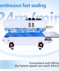 Rock Solid Commercial Heat Sealer Machine With Digital Temperature Control, showing conveyor, adjustable controls, and fast sealing feature.
