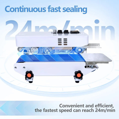 Rock Solid Commercial Heat Sealer Machine With Digital Temperature Control, showing conveyor, adjustable controls, and fast sealing feature.