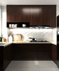 Modern kitchen with Walnut Wood Grain Vinyl Wallpaper Peel And Stick Dark Brown Thick Texture Adhesive Contact Paper on cabinets.