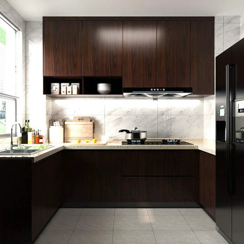 Modern kitchen with Walnut Wood Grain Vinyl Wallpaper Peel And Stick Dark Brown Thick Texture Adhesive Contact Paper on cabinets.