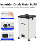 Low Noise Laser Fume Extractor for 10 to 40W Engravers with metal build, pre-filter, swivel casters, and control panel features