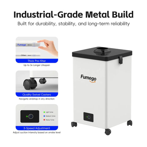 Low Noise Laser Fume Extractor for 10 to 40W Engravers with metal build, pre-filter, swivel casters, and control panel features