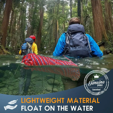 Hikers in forest with 100 Ft 1/4 Inch Polyester Rope Diamond Braid Built Tough Heavy Duty Utility Cord floating on water