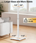 Height Adjustable Rock Solid Universal Speaker Stands For Bookshelf And Satellite Speakers Up To 22 Lbs Pair 28 To 37.4 Inches Tall With Cable Management For Home Theater Setup White, displaying dimensions and load capacity in a living room setting.