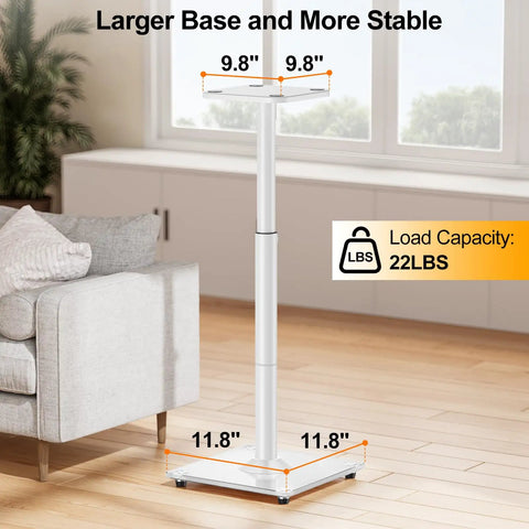 Height Adjustable Rock Solid Universal Speaker Stands For Bookshelf And Satellite Speakers Up To 22 Lbs Pair 28 To 37.4 Inches Tall With Cable Management For Home Theater Setup White, displaying dimensions and load capacity in a living room setting.
