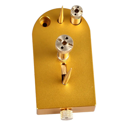 Top view of durable metal hairspring stand for watch repair and movement balancing, multifunction tool kit, gold finish