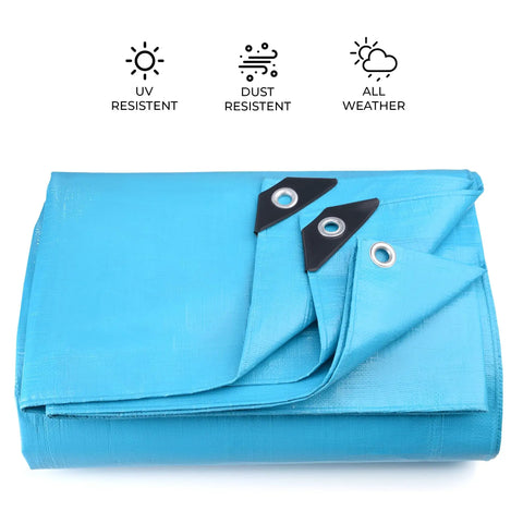 Blue Heavy Duty Waterproof Tarp 12x20 Ft 12 Mil Thick With UV Resistant, Rip Proof, Metal Grommets folded with icons above