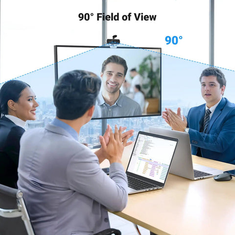 Business meeting using Full HD 1080P Webcam With Dual Noise Canceling Mics, 85 Degree FOV, Fixed Focus, Auto Light Correction, Privacy Cover