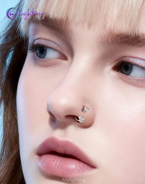 20G Butterfly Horseshoe Nose Ring Hoop With Push Pin Ends Taper Ball Grabber Tool 316L Surgical Steel CZ Clear in nose