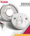 All-In-One Smoke And Carbon Monoxide Detector With Voice Alerts, Battery Backup, Hardwired 120V Interconnectable System, LED Indicator Lights, Easy Mounting, 4-Pack front and back view