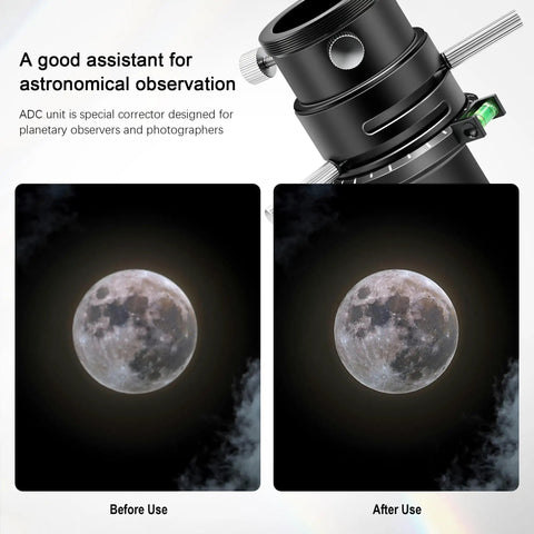 1.25 Inch Atmospheric Dispersion Corrector ADC for Telescopes with apochromatic correction shown before and after use on Moon