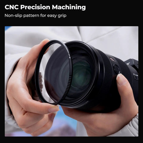 Person holding Ultra Slim 82mm MC UV Filter With 28 Multi Layer Coatings for camera lens installation.