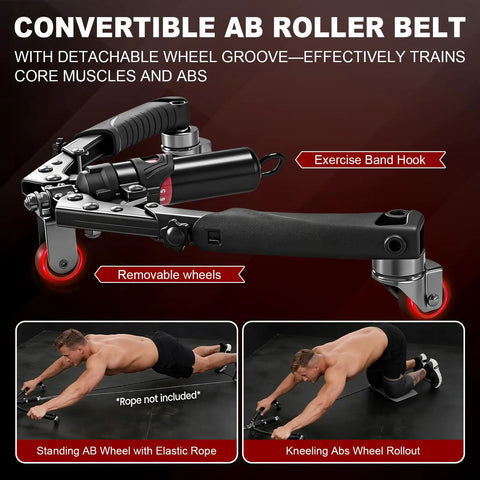 3 In 1 Hydraulic Twist Arm Trainer With Ab Roller And Hooks Perfect Home Gym Gear showing a convertible ab roller with detachable wheels.