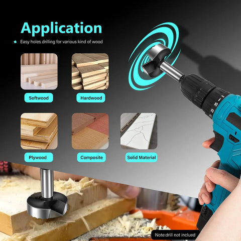 Straight Shooting Precision Forstner Bit Set For Woodworking And Carpentry Smoothly Bores Clean Holes In Hardwood Plywood Composites 16 Piece Pro Drill Kit in use on solid material.