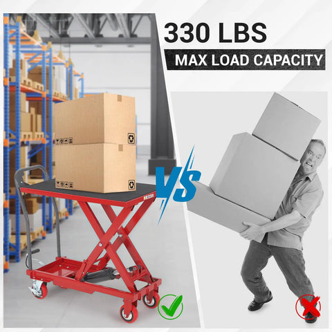 Heavy Duty Hydraulic Lift Table Cart 330 Lbs Capacity supporting boxes in warehouse setting's comparison of load handling.