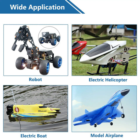 Wide application of Two Pack 996R Servo Motors with metal gear for robots, electric helicopters, boats, and model airplanes.