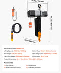 Heavy Duty 11000lb Electric Chain Hoist With Double Chain System And 30ft Lift Height displayed with remote control and dimensions.