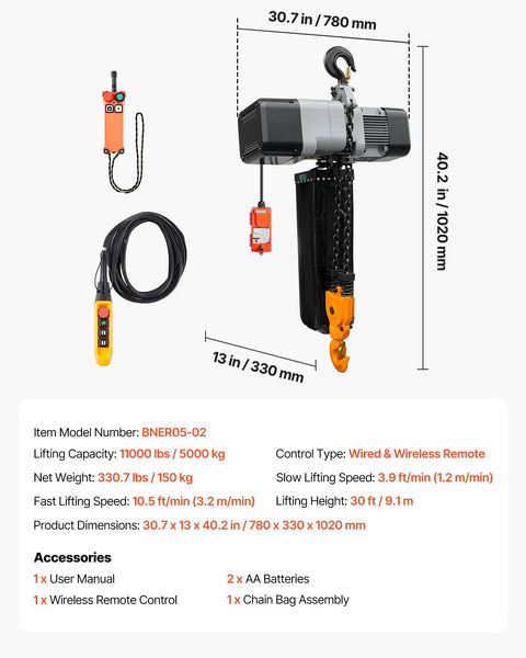 Heavy Duty 11000lb Electric Chain Hoist With Double Chain System And 30ft Lift Height displayed with remote control and dimensions.