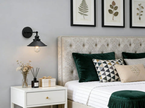 Black Industrial Wall Sconce With 8.1 Inch Metal Shade Vintage Retro Vibe 1 Light Wall Lamp installed in a bedroom setting