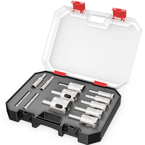 Open case showing 12-piece Diamond Drill Bits Hole Saw Kit For Glass And Ceramic Tiles, Marble, Granite, Stone Bottles 6mm To 35mm