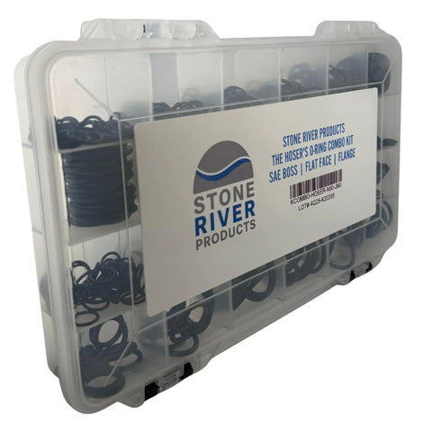 Hoser’s Combo Kit For Hydraulic Boss Flat Face Flange O Ring Assortment, clear case with Buna N 90A nitrile seals, 24 sizes visible