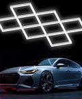 8 Hex Diamond LED Garage Light Ultra Bright 20400 Lumens 6500K Natural White Boss Grade Upgrade illuminated above a car