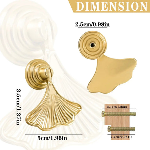 4 Piece Dope Golden Leaf Knob Set For Cabinets And Drawers, showing dimensions and gold metal details, built to last