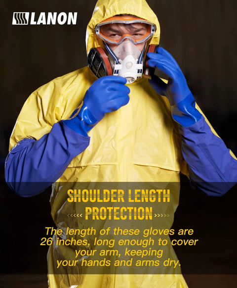 Person wearing 26 Inch PVC Chemical Resistant Gloves Heavy Duty Long Rubber Work Gloves For Acid Alkali Oil Protection XL