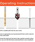 Five Piece Countersink Drill Bit Set With 82 Degree Countersink Pro Grade HSS High Speed Steel Five Flute Design Quick Change One Quarter Inch Hex Shank Sizes From One Quarter To Three Quarter Inch For Plastic Wood Metal Carbon Steel Machining operating instructions showing drill bit and screw usage steps