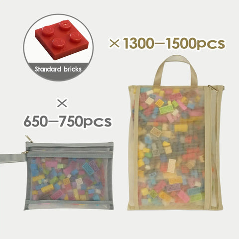 10 Pack Colored Mesh Zipper Pouch Bags For Toy Storage And Organization with build block bricks inside, two sizes shown