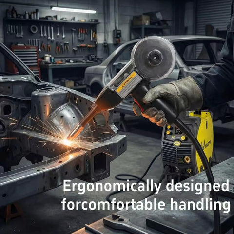 130A Aluminum Spool Gun For MIG Welding, 15 Foot Torch in action, ergonomic design, used on car body for precision welds