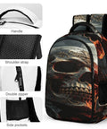 Midnight Skull And Crow Print Backpack with breathable straps, durable polyester, smooth zipper, and side pockets.
