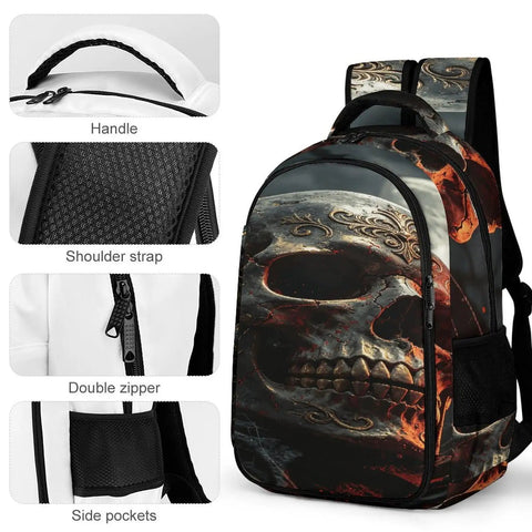 Midnight Skull And Crow Print Backpack with breathable straps, durable polyester, smooth zipper, and side pockets.