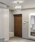 12 Inch Chrome Modern Farmhouse Pagoda LED Lantern Semi Flush Mount Ceiling Light For Kitchen Hallway Entryway And Bedroom, Durable Metal Fixture, Hardwired With Included LED Bulbs For A Quick Easy Upgrade installed in a hallway.