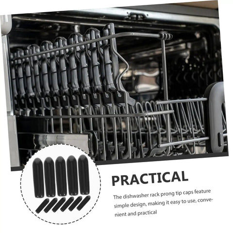 Top Notch Dishwasher Rack Tip Protectors Heavy Duty Black Plastic Prong End Caps installed on dishwasher rack for easy use.