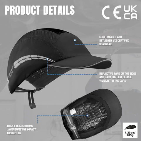 Lightweight Bump Cap With Breathable Baseball Cap Style For Head Protection On The Job For Men And Women Black Finish Featuring A Durable ABS Liner Seamless Comfort And All Day Airflow, side view with liner