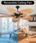 52-Inch Tropical Palm Leaf Ceiling Fan (No Light) with Rattan Blades in living room setting, showcasing reversible motor and pull chain.